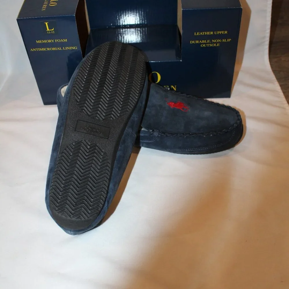 NIB POLO RALPH LAUREN MEN'S SUEDE COMFORT‎ SLIPPERS NAVY BLUE RED